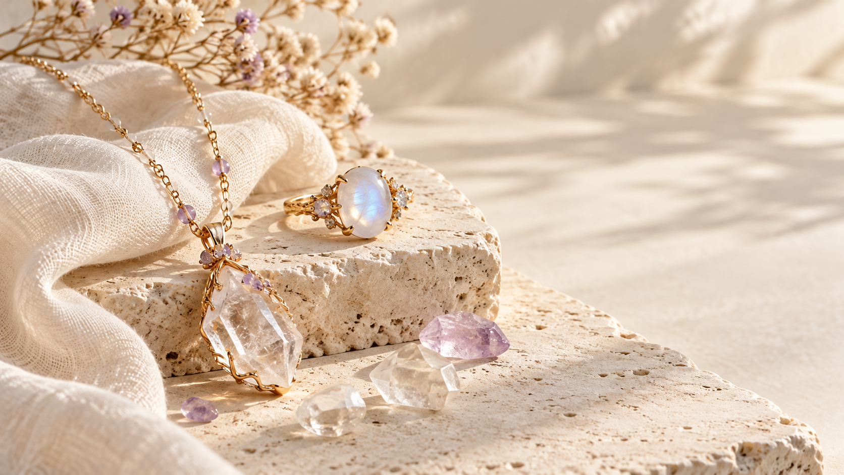 Crystal jewelry arranged on natural stone